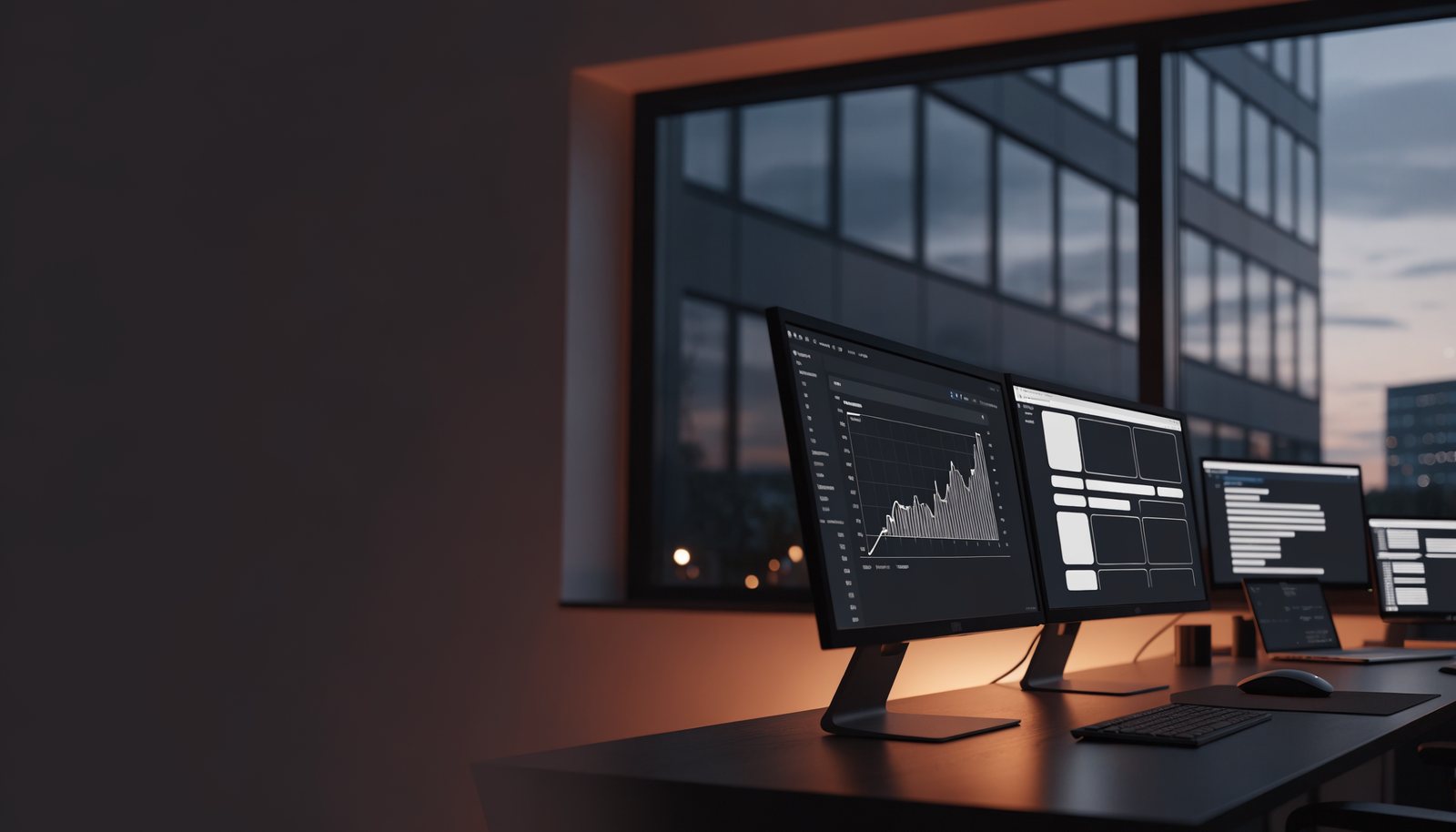 A developer workspace with software dashboards on multiple monitors at dusk