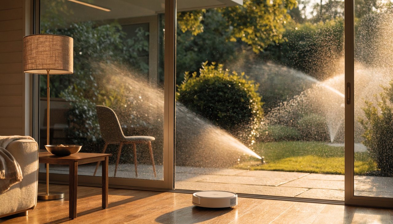A bright living room with a robot vacuum and a garden being watered by automated irrigation