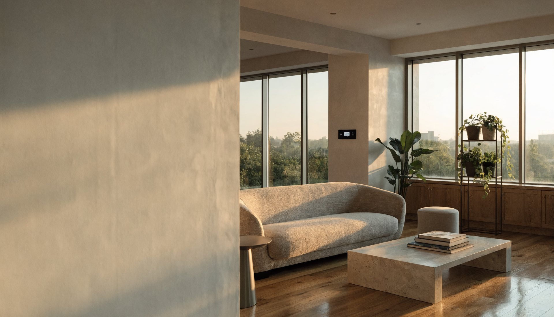 A bright modern living room with smart lighting and a wall-mounted control panel at golden hour