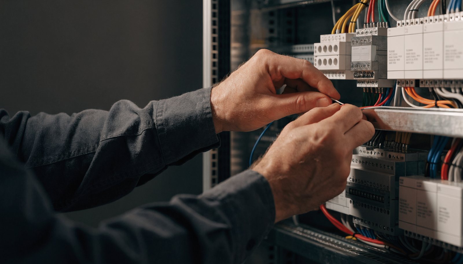 A technician wiring a tidy KNX control panel with neat labeled cabling