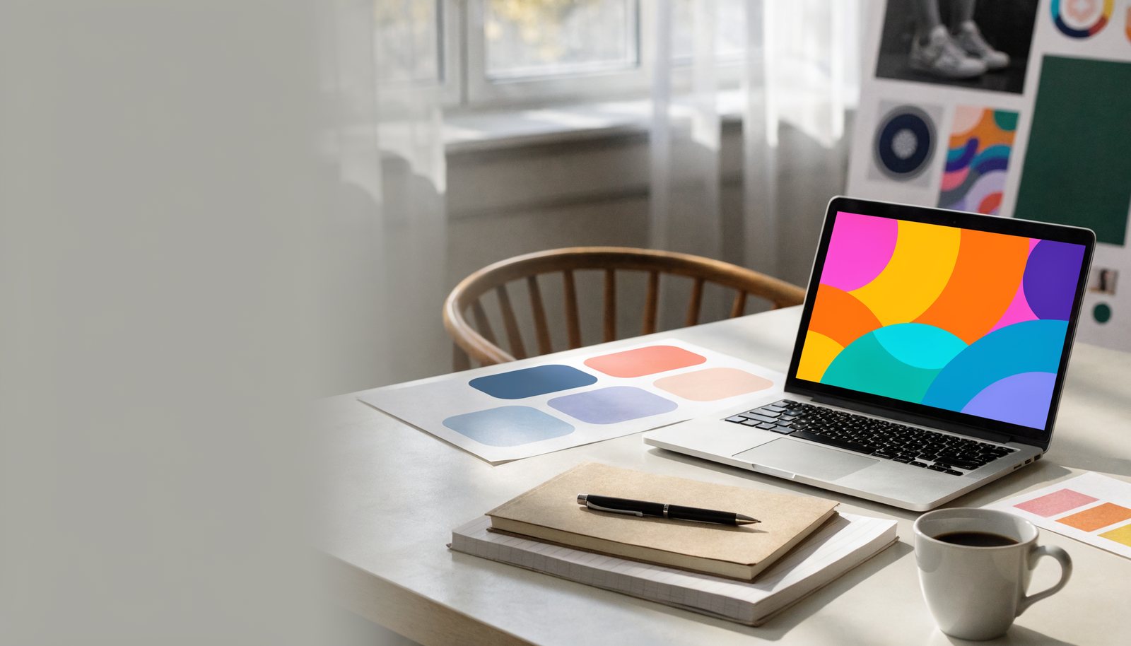 A creative marketing studio desk with a moodboard and brand colour swatches