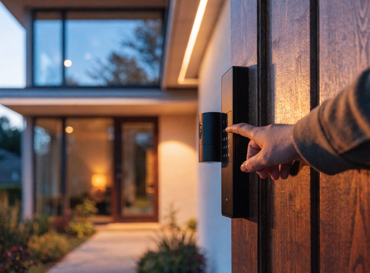 A hand unlocking a modern villa's front door with a keypad smart lock and video doorbell at dusk